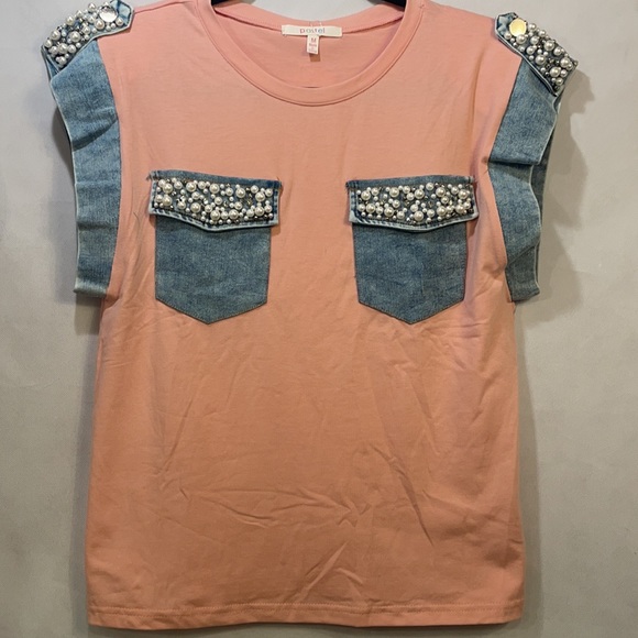 Bedazzled Salmon Pearl Jean Pocket Blouse - Picture 5 of 8